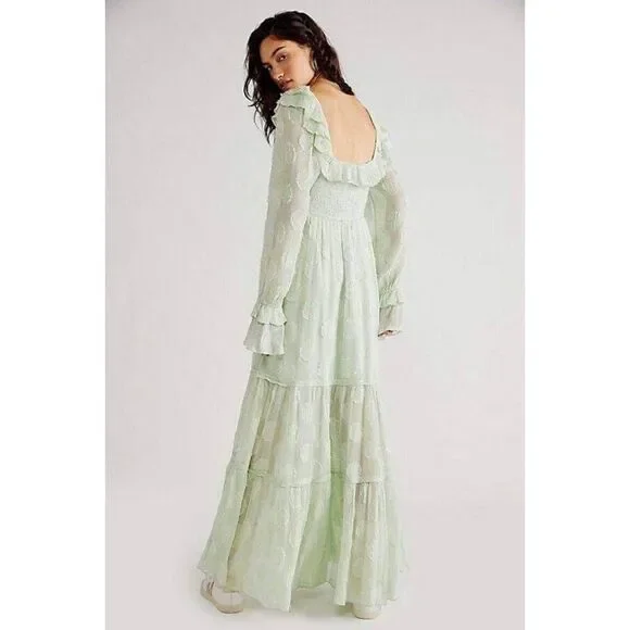 Free People Yara Maxi Dress Women's Size Small Mint Green Puff Sleeve Tiered - Picture 3 of 9